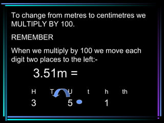 To change from metres to centimetres weTo change from metres to centimetres we
MULTIPLY BY 100.MULTIPLY BY 100.
REMEMBERREMEMBER
When we multiply by 100 we move eachWhen we multiply by 100 we move each
digit two places to the left:-digit two places to the left:-
H T U t h th
3 5 1
3.51m =3.51m =
 