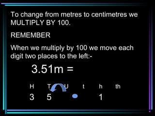 To change from metres to centimetres weTo change from metres to centimetres we
MULTIPLY BY 100.MULTIPLY BY 100.
REMEMBERREMEMBER
When we multiply by 100 we move eachWhen we multiply by 100 we move each
digit two places to the left:-digit two places to the left:-
H T U t h th
3 5 1
3.51m =3.51m =
 