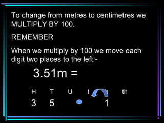 To change from metres to centimetres weTo change from metres to centimetres we
MULTIPLY BY 100.MULTIPLY BY 100.
REMEMBERREMEMBER
When we multiply by 100 we move eachWhen we multiply by 100 we move each
digit two places to the left:-digit two places to the left:-
H T U t h th
3 5 1
3.51m =3.51m =
 