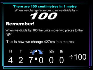 There are 100 centimetres in 1 metre
When we change from cm to m we divide by:-
Remember!
When we divide by 100 the units move two places to the
right.
H T U th hth th
4 2 7 0 0 0 ÷100
This is how we change 427cm into metres:-
 