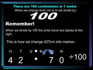 There are 100 centimetres in 1 metre
When we change from cm to m we divide by:-
Remember!
When we divide by 100 the units move two places to the
right.
H T U th hth th
4 2 7 0 ÷100
This is how we change 427cm into metres:-
 