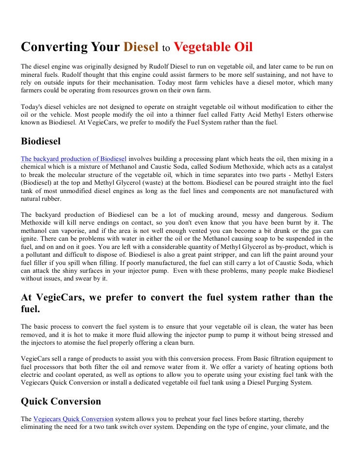 Converting Your Diesel to Vegetable Oil