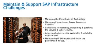 Maintain & Support SAP Infrastructure
Challenges
• Managing the Complexity of Technology
• Managing Expansion of Server Resources
Capacity
• Complexity in operating, supporting & patching
the Servers & Cybersecurity.
• Achieving higher service availability & reliability
expectations.
• Maintaining IT SAP expert and retain the
personnel in house.
 