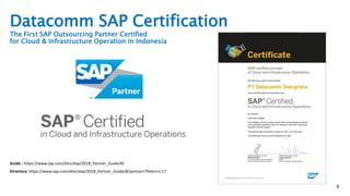 Datacomm SAP Certification
The First SAP Outsourcing Partner Certified
for Cloud & Infrastructure Operation in Indonesia
9
Directory: https://www.sap.com/dmc/exp/2018_Partner_Guide/#/partners?filters=v:17
Guide : https://www.sap.com/dmc/exp/2018_Partner_Guide/#/
 