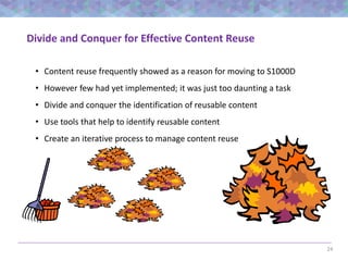 24
Divide and Conquer for Effective Content Reuse
• Content reuse frequently showed as a reason for moving to S1000D
• However few had yet implemented; it was just too daunting a task
• Divide and conquer the identification of reusable content
• Use tools that help to identify reusable content
• Create an iterative process to manage content reuse
 