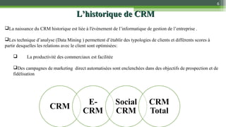 L’historique de CRML’historique de CRM
6
La naissance du CRM historique est liée à l'événement de l’informatique de gestion de l’entreprise .
Les technique d’analyse (Data Mining ) permettent d’établir des typologies de clients et différents scores à
partir desquelles les relations avec le client sont optimisées:
 La productivité des commerciaux est facilitée
Des campagnes de marketing direct automatisées sont enclenchées dans des objectifs de prospection et de
fidélisation
 