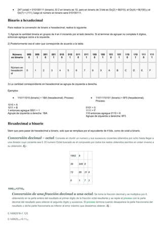 •    247 (octal) = 010100111 (binario). El 2 en binario es 10, pero en binario de 3 bits es Oc(2) = B(010); el Oc(4) = B(100) y el
         Oc(7) = (111), luego el número en binario será 010100111.


Binario a hexadecimal
Para realizar la conversión de binario a hexadecimal, realice lo siguiente:

1) Agrupe la cantidad binaria en grupos de 4 en 4 iniciando por el lado derecho. Si al terminar de agrupar no completa 4 dígitos,
entonces agregue ceros a la izquierda.

2) Posteriormente vea el valor que corresponde de acuerdo a la tabla:



    Número           000   000    001    001     010     010        011    011           100     100    101    101    110    110    111   111
   en binario         0     1      0      1       0       1          0      1             0       1      0      1      0      1      0     1



   Número en
   hexadecim       0       1     2       3       4       5        6        7             8      9       A      B      C      D      E     F
   al



3) La cantidad correspondiente en hexadecimal se agrupa de izquierda a derecha.

Ejemplos:

    •    110111010 (binario) = 1BA (hexadecimal). Proceso:                           •       11011110101 (binario) = 6F5 (hexadecimal).
                                                                                             Proceso:
1010 = A
1011 = B                                                                       0101 = 5
1 entonces agregue 0001 = 1                                                    1111 = F
Agrupe de izquierda a derecha: 1BA                                             110 entonces agregue 0110 = 6
                                                                               Agrupe de izquierda a derercha: 6F5


Hexadecimal a binario
Ídem que para pasar de hexadecimal a binario, solo que se remplaza por el equivalente de 4 bits, como de octal a binario.


Conversión decimal – octal: Consiste en dividir un numero y sus sucesivos cocientes obtenidos por ocho hasta llegar a
una división cuyo cociente sea 0. El numero Octal buscado es el compuesto por todos los restos obtenidos escritos en orden inverso a
su obtención. Ej.:


                                                             1992     8


                                                             39       249 8


                                                             72       09   31 8


                                                             0        1    7     3


1000(10)=3710(8)

    Conversión de una fracción decimal a una octal: Se toma la fracción decimal y se multiplica por 8,
    obteniendo en la parte entera del resultado el primer dígito de la fracción octal resultante y se repite el proceso con la parte
    decimal del resultado para obtener el segundo dígito y sucesivos. El proceso termina cuando desaparece la parte fraccionaria del
    resultado o dicha parte fraccionaria es inferior al error máximo que deseamos obtener. Ej. :


0.140625*8=1.125

0.140625(10)=0.11(8)
 