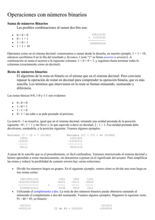Operaciones con números binarios
Suma de números Binarios
     Las posibles combinaciones al sumar dos bits son:

   •   0+0=0                                                        100110101
                                                                  + 11010101
   •   0+1=1                                                      ———————————
   •   1+0=1                                                       1000001010
   •   1 + 1 = 10

Operamos como en el sistema decimal: comenzamos a sumar desde la derecha, en nuestro ejemplo, 1 + 1 = 10,
entonces escribimos 0 en la fila del resultado y llevamos 1 (este "1" se llama acarreo o arrastre). A
continuación se suma el acarreo a la siguiente columna: 1 + 0 + 0 = 1, y seguimos hasta terminar todas la
columnas (exactamente como en decimal).

Resta de números binarios
      El algoritmo de la resta en binario es el mismo que en el sistema decimal. Pero conviene
      repasar la operación de restar en decimal para comprender la operación binaria, que es más
      sencilla. Los términos que intervienen en la resta se llaman minuendo, sustraendo y
      diferencia.

Las restas básicas 0-0, 1-0 y 1-1 son evidentes:

   •   0-0=0
   •   1-0=1
   •   1-1=0
   •   0 - 1 = no cabe o se pide prestado al próximo.

La resta 0 - 1 se resuelve, igual que en el sistema decimal, tomando una unidad prestada de la posición
siguiente: 10 - 1 = 1 y me llevo 1, lo que equivale a decir en decimal, 2 - 1 = 1. Esa unidad prestada debe
devolverse, sumándola, a la posición siguiente. Veamos algunos ejemplos:

Restamos 17 - 10 = 7 (2=345)                       Restamos 217 - 171 = 46 (3=690)
        10001                                        11011001
       -01010                                       -10101011
       ——————                                       —————————
        00111                                        00101110

A pesar de lo sencillo que es el procedimiento, es fácil confundirse. Tenemos interiorizado el sistema decimal y
hemos aprendido a restar mecánicamente, sin detenernos a pensar en el significado del arrastre. Para simplificar
las restas y reducir la posibilidad de cometer errores hay varias soluciones:

   •   Dividir los números largos en grupos. En el siguiente ejemplo, vemos cómo se divide una resta larga en
       tres restas cortas:

         100110011101                    1001          1001     1101
        -010101110010                   -0101         -0111    -0010
        —————————————            =      —————         —————    —————
         010000101011                    0100          0010     1011
   •   Utilizando el complemento a dos. La resta de dos números binarios puede obtenerse sumando al
       minuendo el complemento a dos del sustraendo. Veamos algunos ejemplos. Hagamos la siguiente resta,
       91 - 46 = 45, en binario:

         1011011                                                            1011011
        -0101110                      C2 de 46 = 1010010                   +1010010
 