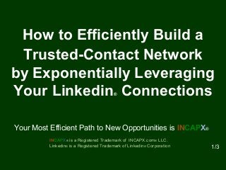 How to Efficiently Build a
Trusted-Contact Network
by Exponentially Leveraging
Your Linkedin® Connections
INCAPX® is a Registered Trademark of INCAPX.com® LLC.
Linkedin® is a Registered Trademark of Linkedin® Corporation 1/3
Your Most Efficient Path to New Opportunities is INCAPX®
 