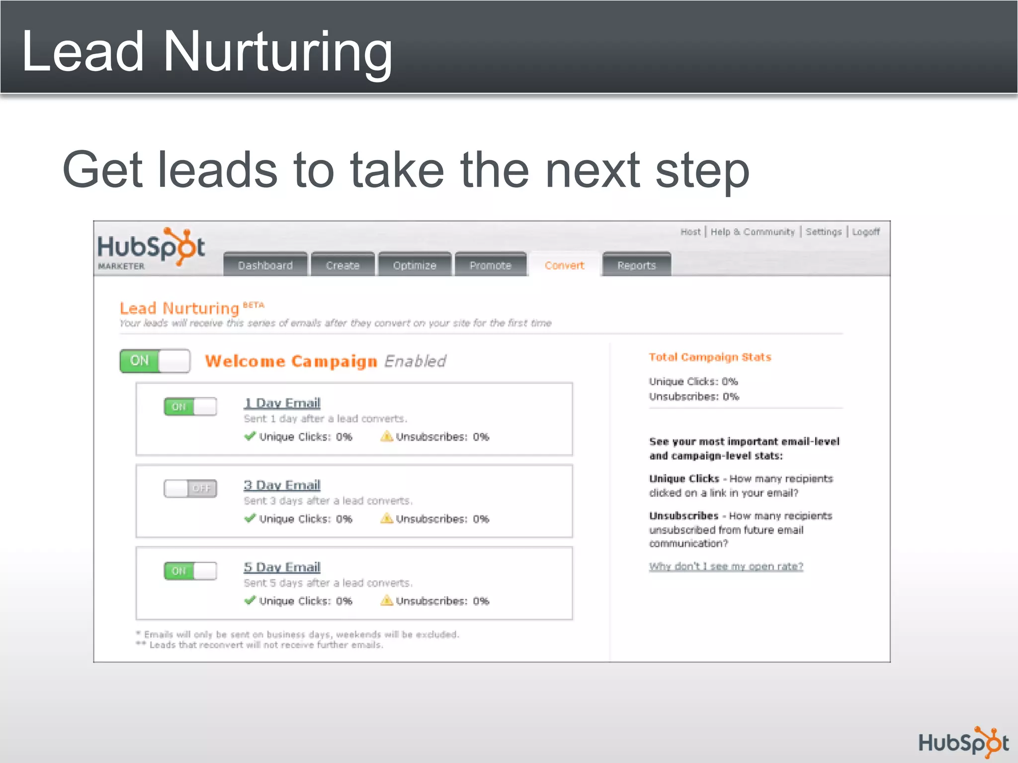 Lead Nurturing

 Get leads to take the next step
 