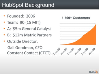 HubSpot Background
•   Founded: 2006             1,500+ Customers
•   Team: 90 (15 MIT)
•   A: $5m General Catalyst
•   B:...