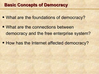 Basic Concepts of Democracy


• What are the foundations of democracy?
• What are the connections between
 democracy and the free enterprise system?

• How has the Internet affected democracy?
 