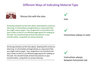 Different Ways of Indicating Material Type
3b Having checked out the links above, download this article on
elearning. It is formatted unimaginatively as a document that
you might read on paper. Your assignment is to transform the
way it looks so that it is an effective page layout for reading on
the web. You should include at least two pictures in your
transformation, using them to convey meaning.
Discuss this with the class
3b Having checked out the links above, download this article on
elearning. It is formatted unimaginatively as a document that
you might read on paper. Your assignment is to transform the
way it looks so that it is an effective page layout for reading on
the web. You should include at least two pictures in your
transformation, using them to convey meaning.

Icon

Instructions always in color

Instructions always
between horizontal rule
 