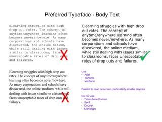 Elearning struggles with high
drop out rates. The concept of
anytime/anywhere learning often
becomes never/nowhere. As many
corporations and schools have
discovered, the online medium,
while still dealing with issues
similar to classrooms, faces
unacceptable rates of drop outs
and failures.
Elearning struggles with high drop out
rates. The concept of anytime/anywhere
learning often becomes never/nowhere.
As many corporations and schools have
discovered, the online medium, while still
dealing with issues similar to classrooms,
faces unacceptable rates of drop outs and
failures.
Preferred Typeface - Body Text
Use
✔
Arial
✔
Tahoma
✔
Verdana
Easiest to read onscreen, particularly smaller devices
Do not use
✗
Times New Roman
✗
Serif
✗
Courier
✗
Monotype
X
X
Elearning struggles with high
drop out rates. The concept of
anytime/anywhere learning often
becomes never/nowhere. As many
corporations and schools have
discovered, the online medium,
while still dealing with issues
similar to classrooms, faces
unacceptable rates of drop outs
and failures.
Elearning struggles with high drop out
rates. The concept of anytime/anywhere
learning often becomes never/nowhere.
As many corporations and schools have
discovered, the online medium, while still
dealing with issues similar to classrooms,
faces unacceptable rates of drop outs and
failures.
Elearning struggles with high drop
out rates. The concept of
anytime/anywhere learning often
becomes never/nowhere. As many
corporations and schools have
discovered, the online medium,
while still dealing with issues similar
to classrooms, faces unacceptable
rates of drop outs and failures.
 