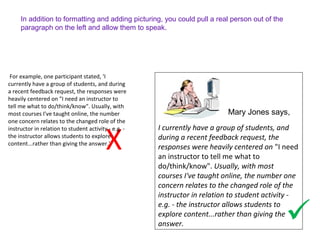 X
For example, one participant stated, ‘I
currently have a group of students, and during
a recent feedback request, the responses were
heavily centered on "I need an instructor to
tell me what to do/think/know". Usually, with
most courses I've taught online, the number
one concern relates to the changed role of the
instructor in relation to student activity - e.g. -
the instructor allows students to explore
content...rather than giving the answer.’
In addition to formatting and adding picturing, you could pull a real person out of the
paragraph on the left and allow them to speak.
I currently have a group of students, and
during a recent feedback request, the
responses were heavily centered on "I need
an instructor to tell me what to
do/think/know". Usually, with most
courses I've taught online, the number one
concern relates to the changed role of the
instructor in relation to student activity -
e.g. - the instructor allows students to
explore content...rather than giving the
answer.
Mary Jones says,

 