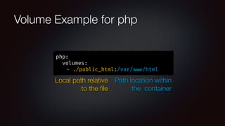 Volume Example for php
php:
volumes:
- ./public_html:/var/ www/html
Local path relative
to the ﬁle
Path location within
the container
 