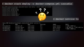 > docker stack deploy -c docker-compose.yml cascadia
🤔
?
? ?
?
> docker service ls
 