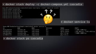> docker stack deploy -c docker-compose.yml cascadia
🤔
?
? ?
?
> docker service ls
> docker stack ps cascadia
 