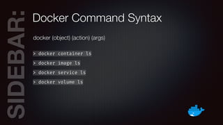 SIDEBAR:Docker Command Syntax
docker (object) (action) (args)
> docker container ls
> docker image ls
> docker service ls
...
