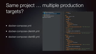 Same project … multiple production
targets?
docker-compose.yml
docker-compose-clientA.yml
docker-compose-clientB.yml
 