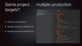 Same project … multiple production
targets?
docker-compose.yml
docker-compose-clientA.yml
docker-compose-clientB.yml
 