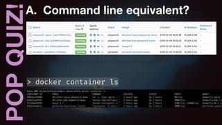 POPQUIZ!A. Command line equivalent?
> docker container ls
 