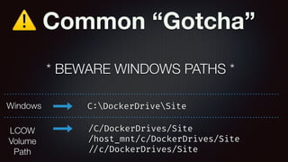 ⚠ Common “Gotcha”
* BEWARE WINDOWS PATHS *
C:DockerDriveSite
/C/DockerDrives/Site
/host_mnt/c/DockerDrives/Site
//c/DockerDrives/Site
Windows
LCOW
Volume
Path
 