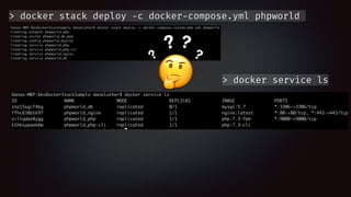 > docker stack deploy -c docker-compose.yml phpworld
🤔
?
? ?
?
> docker service ls
 