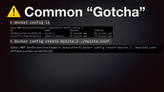 ⚠ Common “Gotcha”
> docker config create mysite.2 ./mysite.conf
> docker config ls
 
