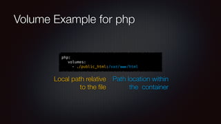 Volume Example for php
php:
volumes:
- ./public_html:/var/ www/html
Local path relative
to the ﬁle
Path location within
th...