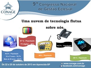 Uma nuvem de tecnologia flutua
sobre nós.

97 % - População
TV digital - 46%

49,2% - População
15 a 17 anos – 76,7%
Mais de 50 anos – 20,5%

49,7% - População

90% - População
68 % - População

 