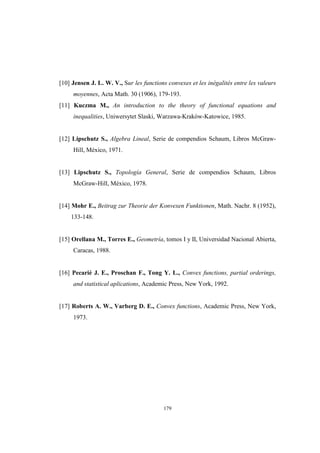 179
[10] Jensen J. L. W. V., Sur les functions convexes et les inégalités entre les valeurs
moyennes, Acta Math. 30 (1906), 179-193.
[11] Kuczma M., An introduction to the theory of functional equations and
inequalities, Uniwersytet Slaski, Warzawa-Kraków-Katowice, 1985.
[12] Lipschutz S., Algebra Lineal, Serie de compendios Schaum, Libros McGraw-
Hill, México, 1971.
[13] Lipschutz S., Topología General, Serie de compendios Schaum, Libros
McGraw-Hill, México, 1978.
[14] Mohr E., Beitrag zur Theorie der Konvexen Funktionen, Math. Nachr. 8 (1952),
133-148.
[15] Orellana M., Torres E., Geometría, tomos I y II, Universidad Nacional Abierta,
Caracas, 1988.
[16] Pecarié J. E., Proschan F., Tong Y. L., Convex functions, partial orderings,
and statistical aplications, Academic Press, New York, 1992.
[17] Roberts A. W., Varberg D. E., Convex functions, Academic Press, New York,
1973.
 