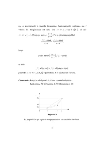 13
que es precisamente la segunda desigualdad. Recíprocamente, supóngase que f
verifica las desigualdades del lema con [ ]x z y< < ∈; ,y sea λ 0 1 tal que
( )z x y x= + −λ . Obsérvese que λ =
−
−
z x
y x
. Por la primera desigualdad
f z f x
z x
f y f x
y x
( ) ( ) ( ) ( )−
−
≤
−
−
,
luego
( )f z f x
z x
y x
f y f x( ) ( ) ( ) ( )≤ +
−
−





 −
es decir
( )( ) ( )f x y x f x f y f x+ − ≤ + −λ λ( ) ( ) ( )
para todo [ ]x y I, , ,∈ ∈y λ 0 1 y por lo tanto f es una función convexa.
Comentario : Respecto a la figura 1.3, el lema expresa lo siguiente :
Pendiente de AB ≤ Pendiente de AC ≤Pendiente de BC
Figura 1.3
La proposición que sigue es otra propiedad de las funciones convexas.
 