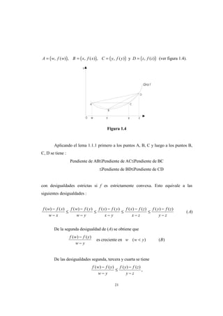 21
( ) ( ) ( ) ( )A w f w B x f x C y f y D z f z= = = =, ( ) , , ( ) , , ( ) , ( )y (ver figura 1.4).
Figura 1.4
Aplicando el lema 1.1.1 primero a los puntos A, B, C y luego a los puntos B,
C, D se tiene :
Pendiente de AB≤Pendiente de AC≤Pendiente de BC
≤Pendiente de BD≤Pendiente de CD
con desigualdades estrictas si f es estrictamente convexa. Esto equivale a las
siguientes desigualdades :
f w f x
w x
f w f y
w y
f x f y
x y
f x f z
x z
f y f z
y z
A
( ) ( ) ( ) ( ) ( ) ( ) ( ) ( ) ( ) ( )
( )
−
−
≤
−
−
≤
−
−
≤
−
−
≤
−
−
De la segunda desigualdad de (A) se obtiene que
f w f y
w y
w w y B
( ) ( )
( ) ( )
−
−
<es creciente en
De las desigualdades segunda, tercera y cuarta se tiene
f w f y
w y
f y f z
y z
( ) ( ) ( ) ( )
,
−
−
≤
−
−
 