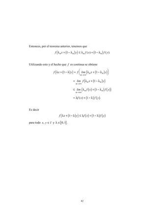 82
Entonces, por el teorema anterior, tenemos que
( )( ) ( )f x y f x f yn n n nλ λ λ λ+ − ≤ + −1 1( ) ( ).
Utilizando esto y el hecho que f es continua se obtiene
( )( ) ( )( )
( )( )
( ) ( ) ( )( )
( ) ( )
f x y f lim x y
lim f x y
lim f x f y
f x f y
n
n n
n
n n
n
n n
λ λ λ λ
λ λ
λ λ
λ λ
+ − = + −






= + −
≤ + −
= + −
→∞
→∞
→∞
1 1
1
1
1( ) .
Es decir
( )( ) ( ) ( ) ( )f x y f x f yλ λ λ λ+ − ≤ + −1 1
para todo x y I, ∈ y [ ]λ ∈ 0 1, .
 