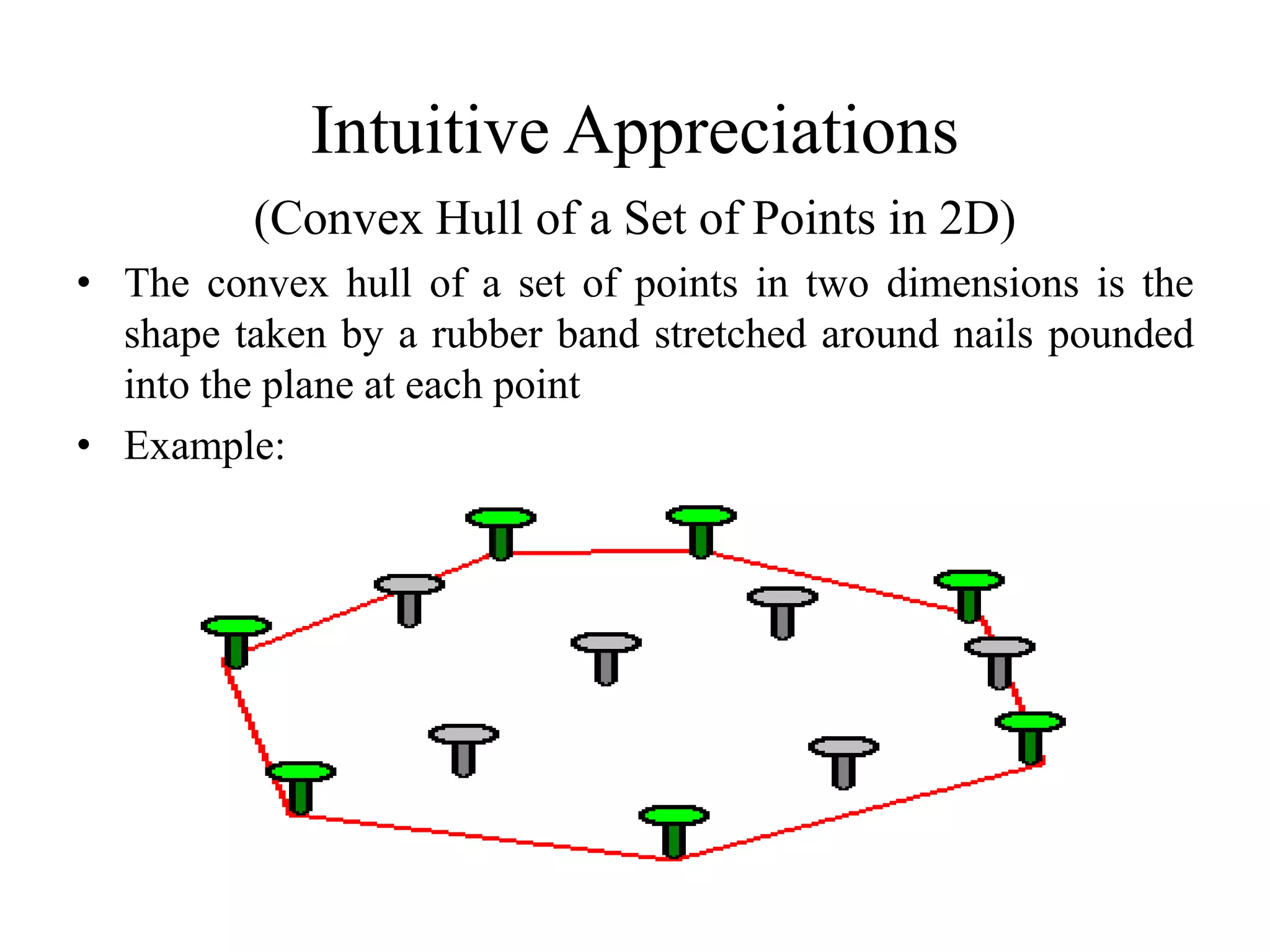 Intuitive Appreciations
(Convex Hull of a Set of Points in 2D)
• The convex hull of a set of points in two dimensions is the
shape taken by a rubber band stretched around nails pounded
into the plane at each point
• Example: