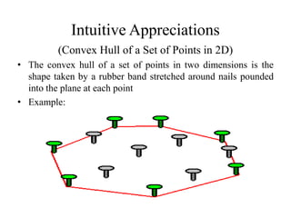 Intuitive Appreciations
         (Convex Hull of a Set of Points in 2D)
• The convex hull of a set of points in two dimensions is the
  shape taken by a rubber band stretched around nails pounded
  into the plane at each point
• Example:
 