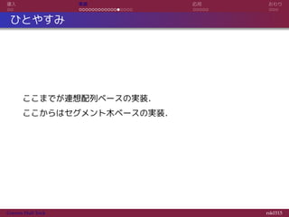 導入 実装 応用 おわり
ひとやすみ
ここまでが連想配列ベースの実装．
ここからはセグメント木ベースの実装．
Convex Hull Trick rsk0315
 