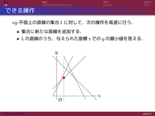 導入 実装 応用 おわり
できる操作
xy-平面上の直線の集合 L に対して，次の操作を高速に行う．
集合に新たな直線を追加する．
L の直線のうち，与えられた座標 x での y の最小値を答える．
x
y
O
Convex Hull Trick rsk0315
 