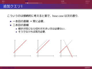 導入 実装 応用 おわり
追加クエリ I
こういうのは帰納的に考えると楽で，base case は次の通り．
一本目の直線 → 常に必要．
二本目の直線
傾きが同じなら切片が大きい方は必要ない．
そうでなければ両方必要．
Convex Hull Trick rsk0315
 