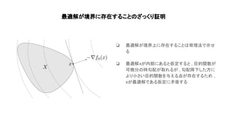 最適解が境界に存在すること ざっくり証明
❏ 最適解が境界上に存在すること 背理法で示せ
る
❏ 最適解xが内部にあると仮定すると , 目的関数が
可微分 時勾配が取れるが , 勾配降下した方に
より小さい目的関数を与える点が存在するため ,
xが最適解である仮定に矛盾する
 
