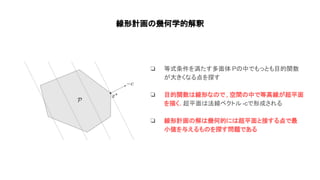 線形計画 幾何学的解釈
❏ 等式条件を満たす多面体 P 中でもっとも目的関数
が大きくなる点を探す
❏ 目的関数 線形な で , 空間 中で等高線が超平面
を描く. 超平面 法線ベクトル -cで形成される
❏ 線形計画 解 幾何的に 超平面と接する点で最
小値を与えるも を探す問題である
 