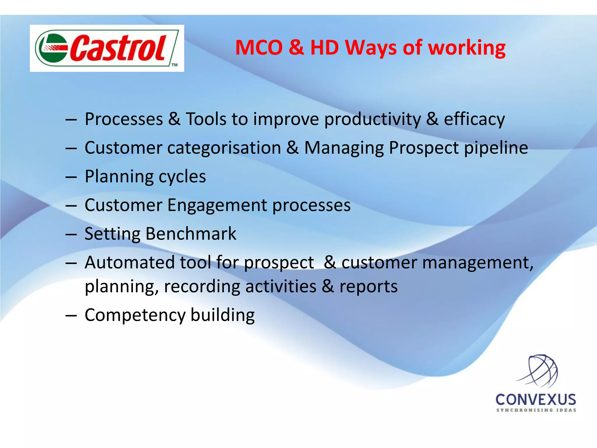 MCO & HD Ways of working


– Processes & Tools to improve productivity & efficacy
– Customer categorisation & Managing Prospect pipeline
– Planning cycles
– Customer Engagement processes
– Setting Benchmark
– Automated tool for prospect & customer management,
  planning, recording activities & reports
– Competency building
 