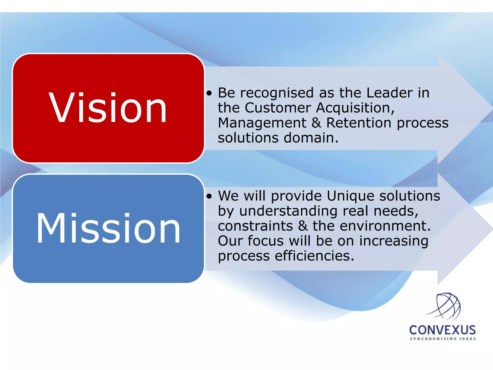 Vision
          • Be recognised as the Leader in
            the Customer Acquisition,
            Management & Retention process
            solutions domain.



          • We will provide Unique solutions
            by understanding real needs,
Mission     constraints & the environment.
            Our focus will be on increasing
            process efficiencies.
 