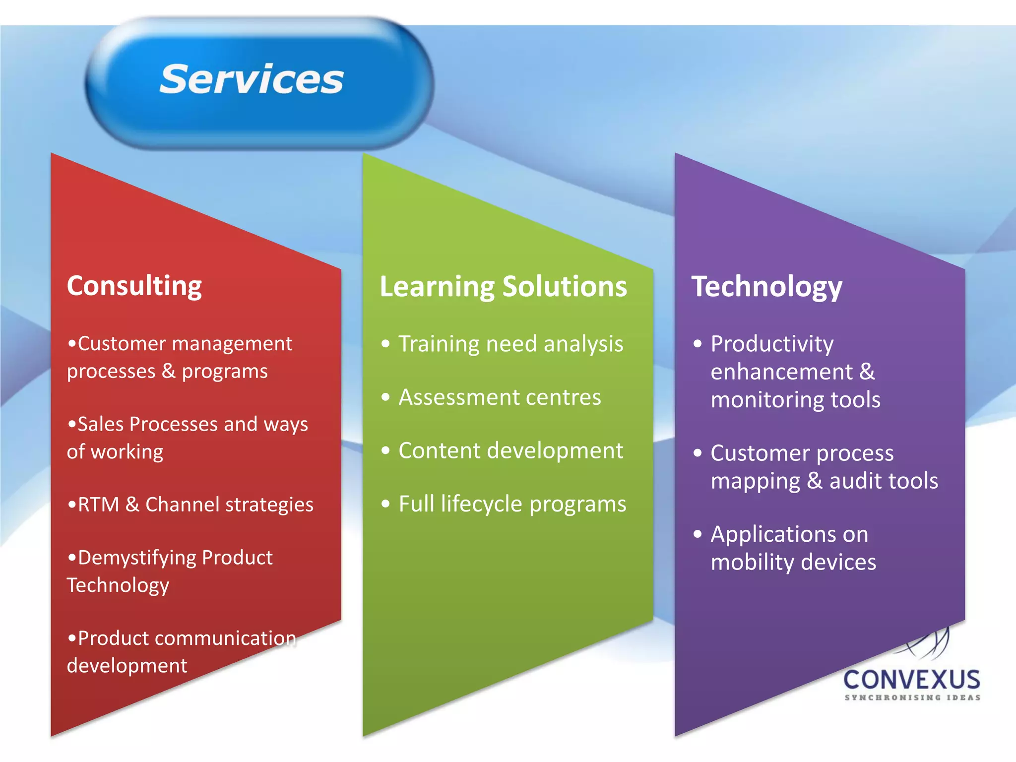 Consulting                  Learning Solutions          Technology
•Customer management        • Training need analysis    • Productivity
processes & programs                                      enhancement &
                            • Assessment centres          monitoring tools
•Sales Processes and ways
of working                  • Content development       • Customer process
                                                          mapping & audit tools
•RTM & Channel strategies   • Full lifecycle programs
                                                        • Applications on
•Demystifying Product                                     mobility devices
Technology

•Product communication
development
 