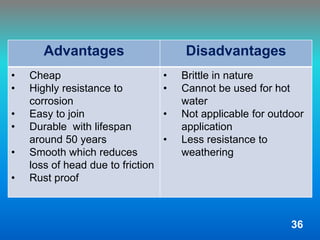 Advantages Disadvantages
• Cheap
• Highly resistance to
corrosion
• Easy to join
• Durable with lifespan
around 50 years
• Smooth which reduces
loss of head due to friction
• Rust proof
• Brittle in nature
• Cannot be used for hot
water
• Not applicable for outdoor
application
• Less resistance to
weathering
36
 