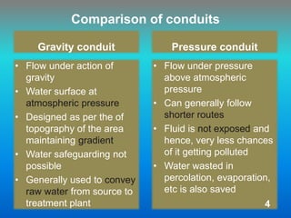 Comparison of conduits
Gravity conduit
• Flow under action of
gravity
• Water surface at
atmospheric pressure
• Designed as per the of
topography of the area
maintaining gradient
• Water safeguarding not
possible
• Generally used to convey
raw water from source to
treatment plant
Pressure conduit
• Flow under pressure
above atmospheric
pressure
• Can generally follow
shorter routes
• Fluid is not exposed and
hence, very less chances
of it getting polluted
• Water wasted in
percolation, evaporation,
etc is also saved
4
 