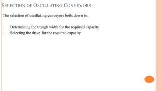 SELECTION OF OSCILLATING CONVEYORS
The selection of oscillating conveyors boils down to:
i. Determining the trough width for the required capacity
ii. Selecting the drive for the required capacity
 