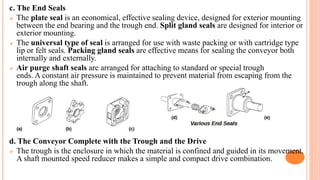 c. The End Seals
 The plate seal is an economical, effective sealing device, designed for exterior mounting
between the end bearing and the trough end. Split gland seals are designed for interior or
exterior mounting.
 The universal type of seal is arranged for use with waste packing or with cartridge type
lip or felt seals. Packing gland seals are effective means for sealing the conveyor both
internally and externally.
 Air purge shaft seals are arranged for attaching to standard or special trough
ends. A constant air pressure is maintained to prevent material from escaping from the
trough along the shaft.
d. The Conveyor Complete with the Trough and the Drive
 The trough is the enclosure in which the material is confined and guided in its movement.
A shaft mounted speed reducer makes a simple and compact drive combination.
 