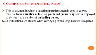 C)COMBINATION SYSTEM (PUSH-PULL SYSTEM)
 This is a system in which a sanction (permit) system is used to convey
material from a number of loading points and pressure system is employed
to deliver it to a number of unloading points.
Such installations are utilized when conveying over a long distance is required.
 